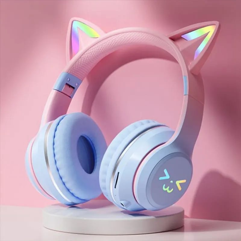 Flash Lamp Cute Cat Ears Headphone Bluetooth5.0 Stereo With Mic Support TF Card Wireless Kids Girl Earphone Birthday Gift